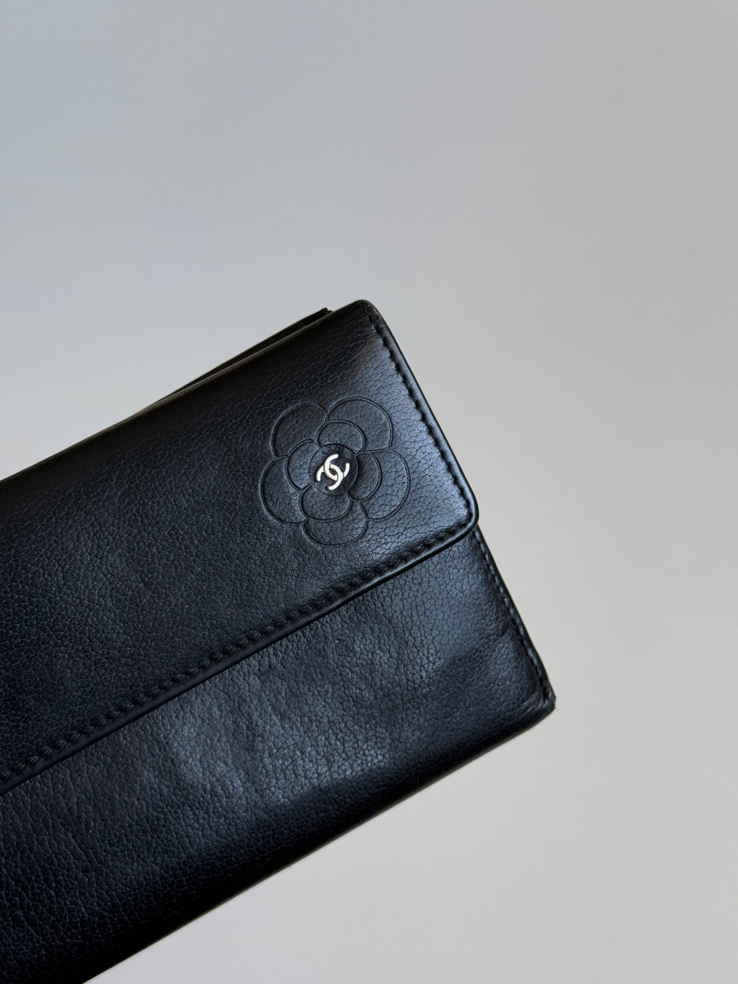 Chanel Camellia Logo Black Leather Wallet