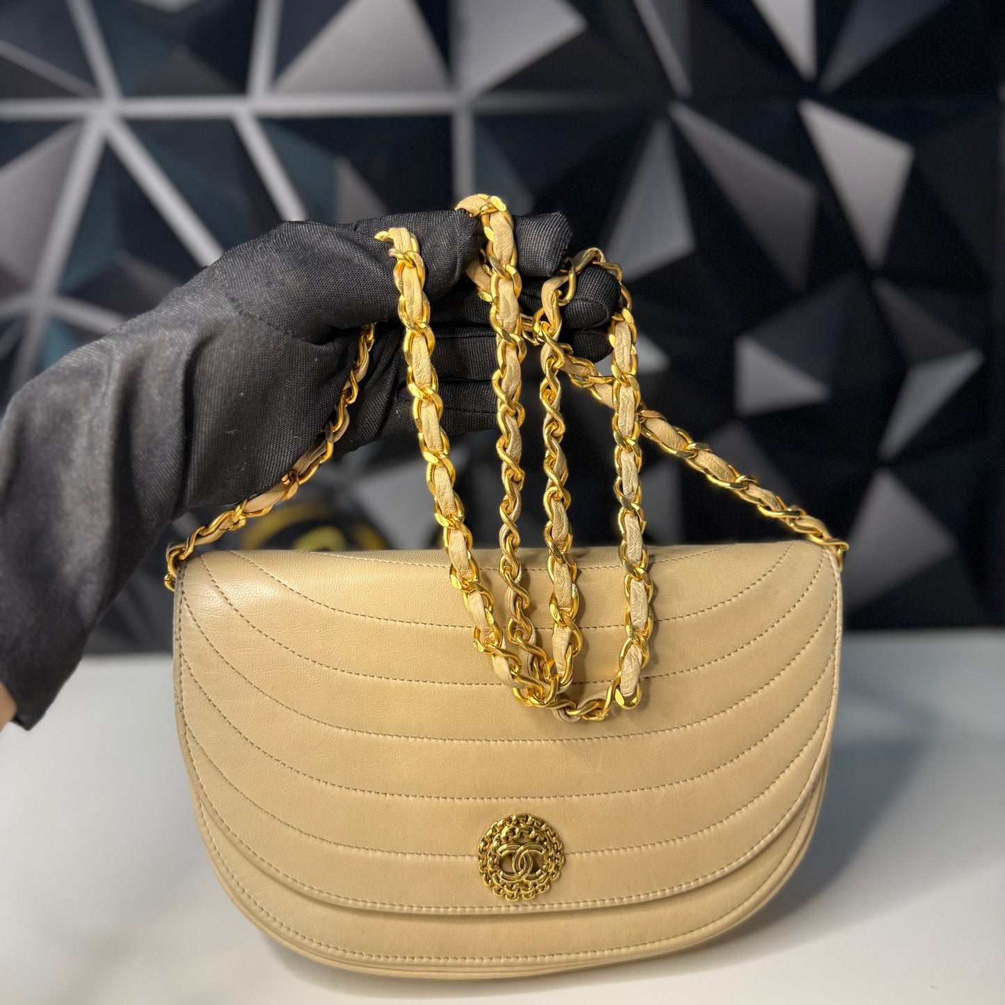 Lambskin Half Moon Flap, Beige, GHW