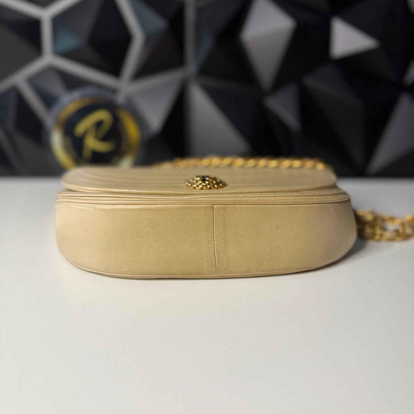 Lambskin Half Moon Flap, Beige, GHW