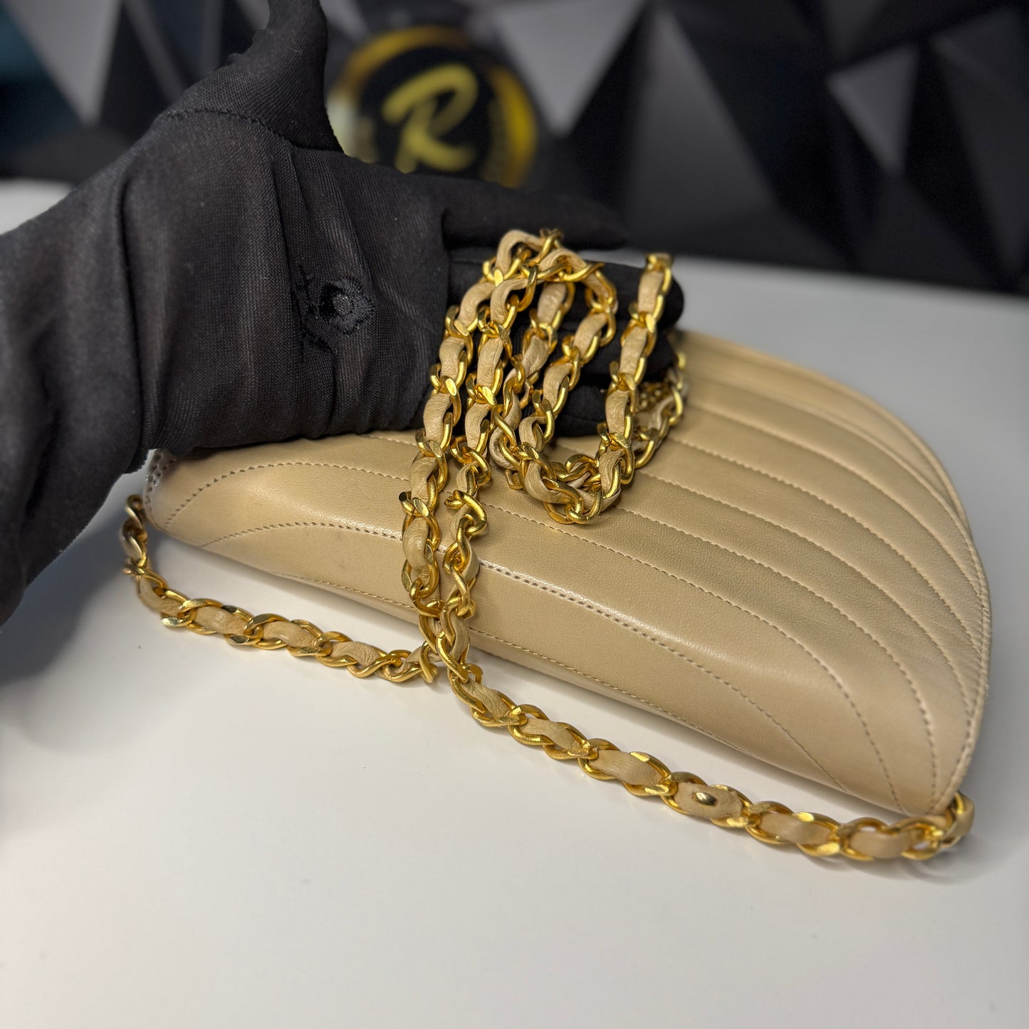 Lambskin Half Moon Flap, Beige, GHW