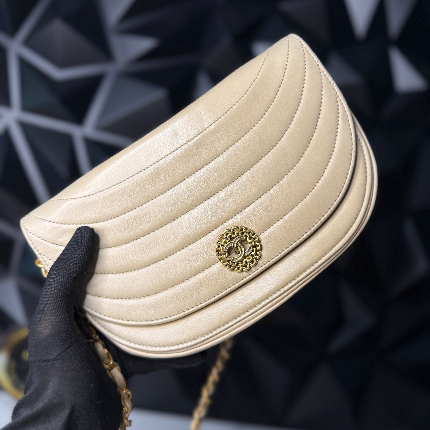 Lambskin Half Moon Flap, Beige, GHW