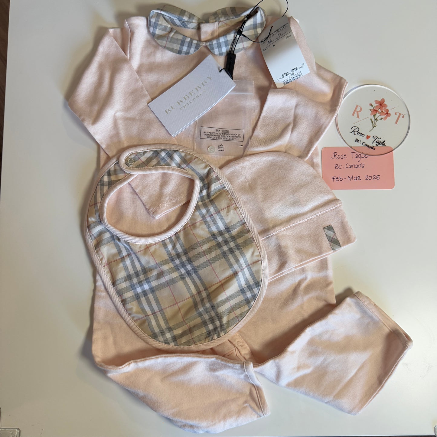 Burberry Children Onesie, Bib, & Hat Set