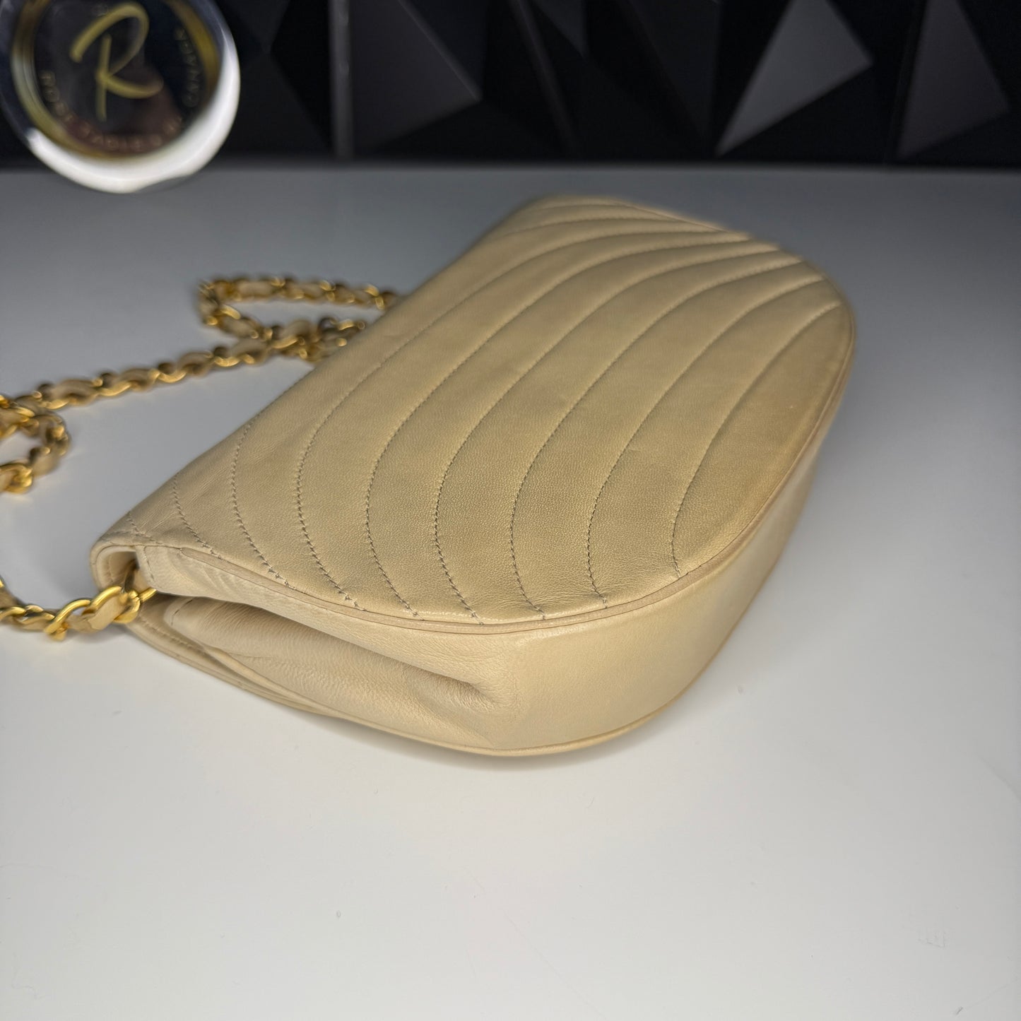 Lambskin Half Moon Flap, Beige, GHW