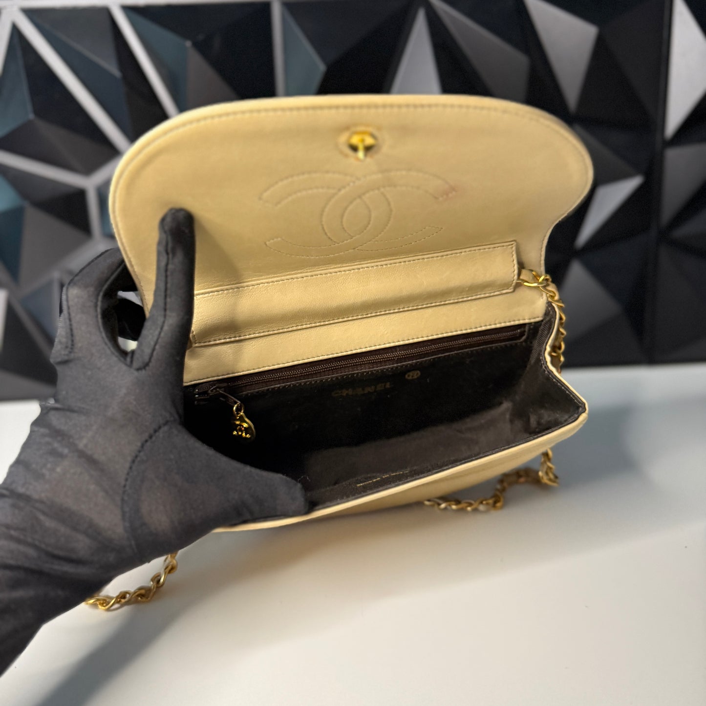 Lambskin Half Moon Flap, Beige, GHW