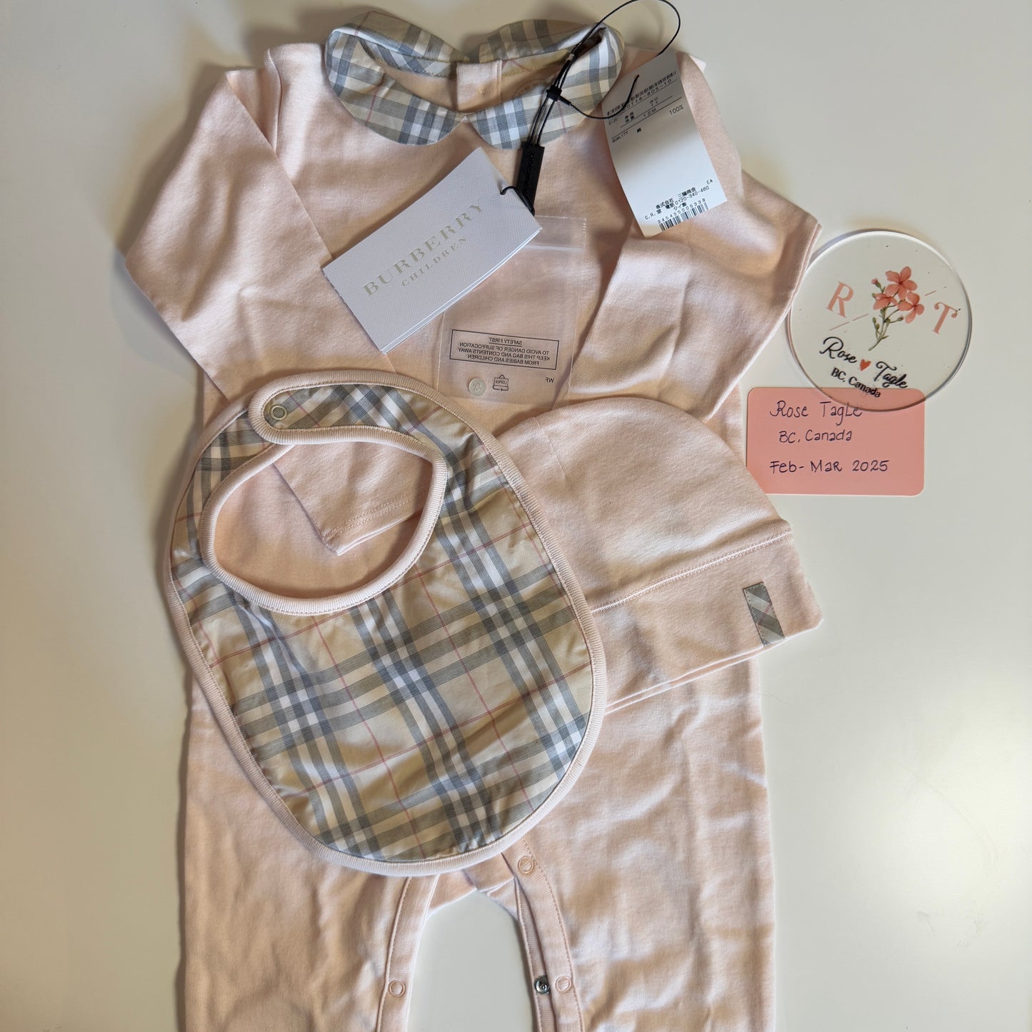 Burberry Children Onesie, Bib, & Hat Set