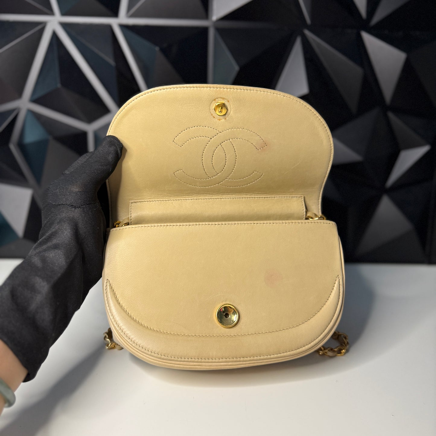 Lambskin Half Moon Flap, Beige, GHW