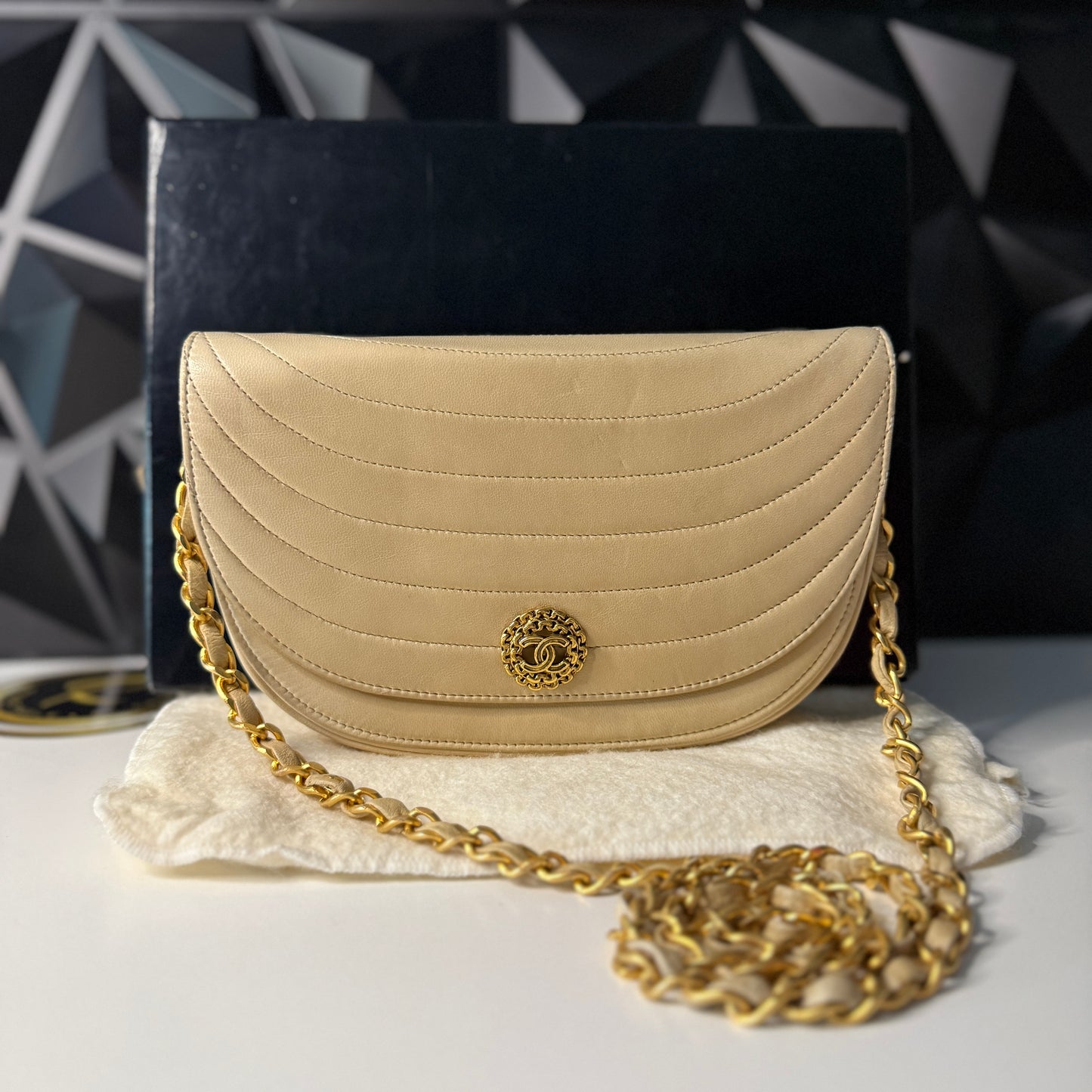 Lambskin Half Moon Flap, Beige, GHW