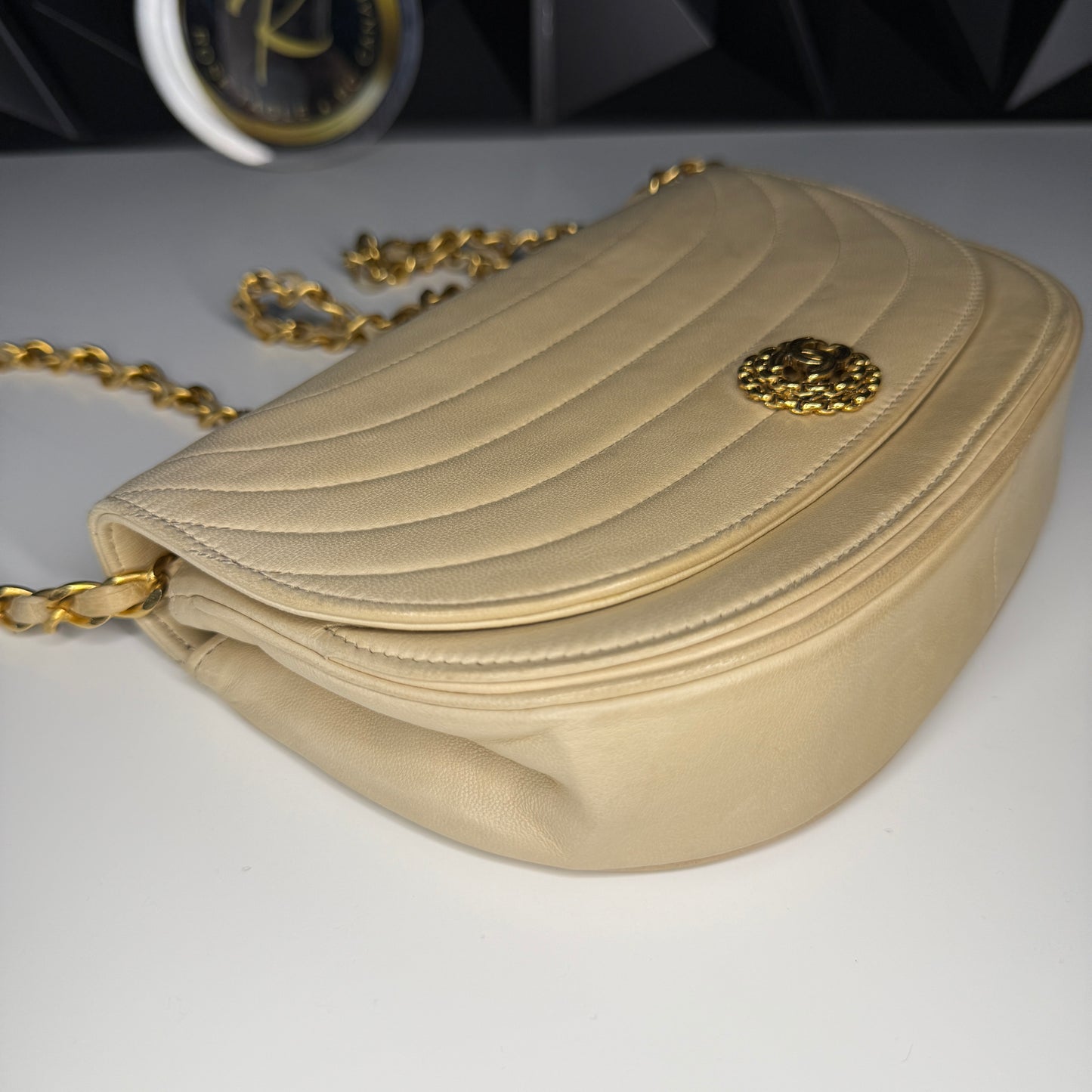 Lambskin Half Moon Flap, Beige, GHW