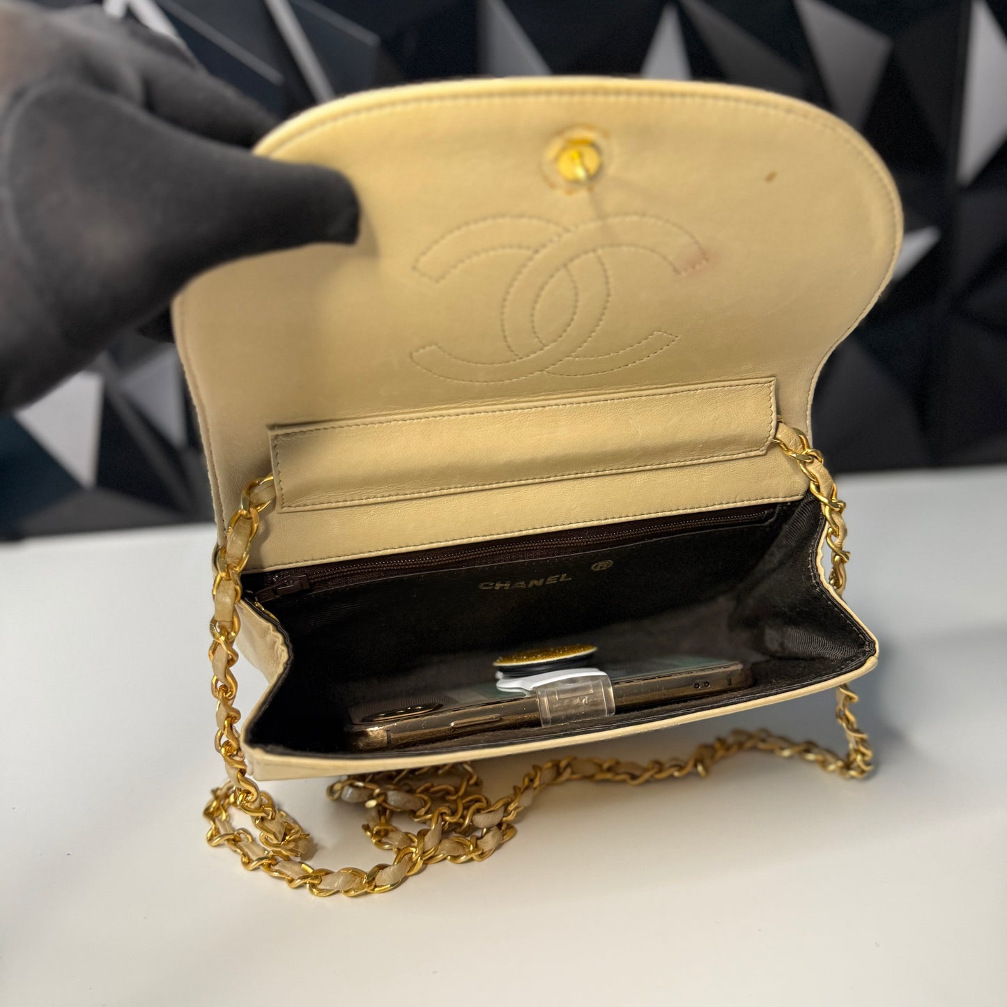 Lambskin Half Moon Flap, Beige, GHW