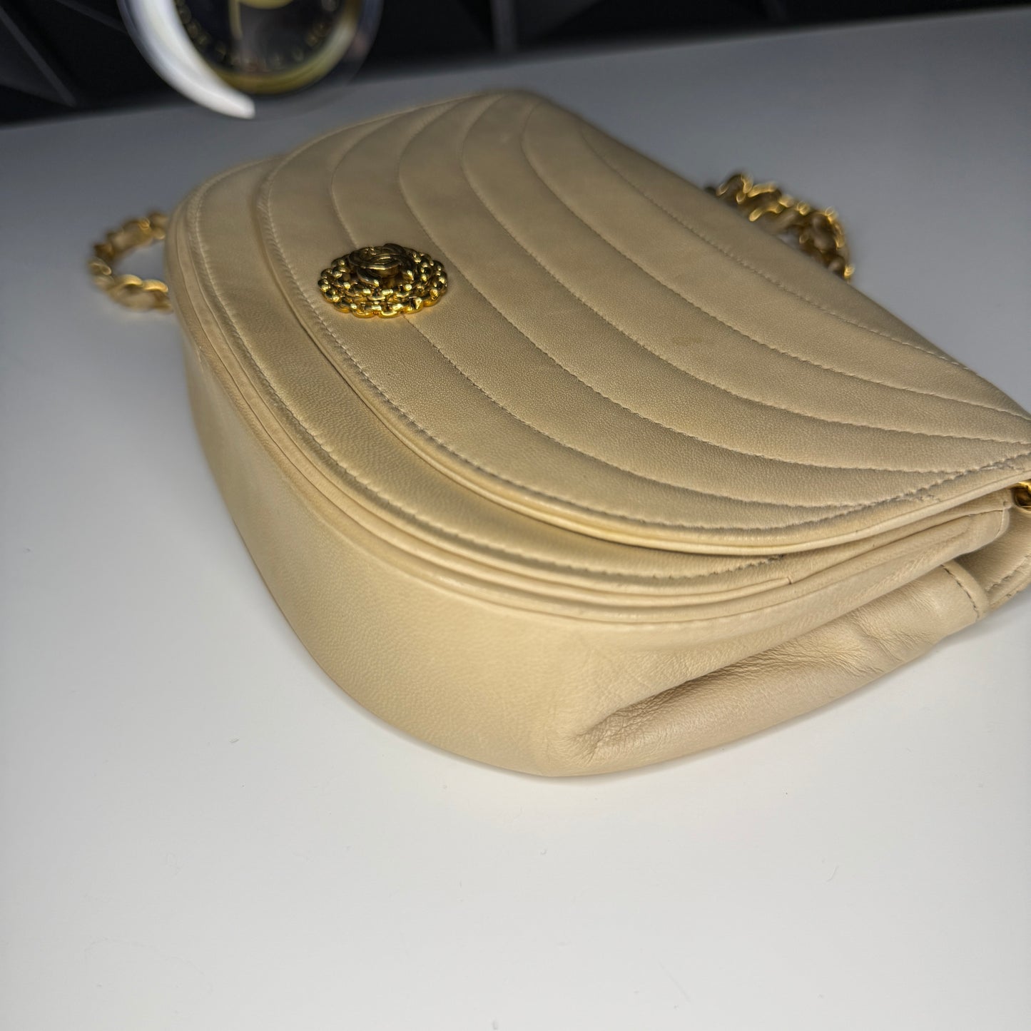 Lambskin Half Moon Flap, Beige, GHW